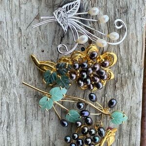 Gold and Green Leaf Pearl Cluster Brooch - Women Jewelry
